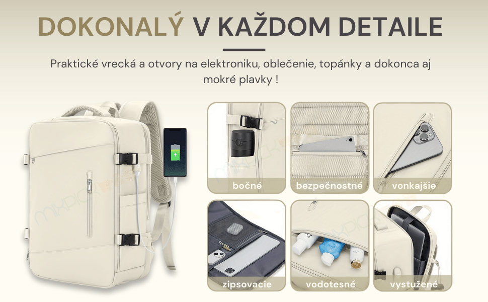 Praktický batoh s množstvom vreciek a otvorov na elektroniku, oblečenie, topánky a dokonca aj mokré plavky. Bočné, bezpečnostné a vonkajšie vrecká, zipsovacie a vodotesné priehradky